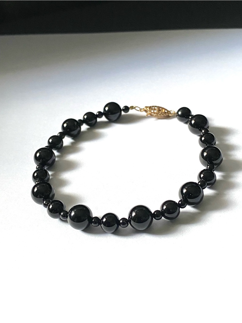 Vintage Black Onyx Beaded Bracelet with a 10K Gold Clasp